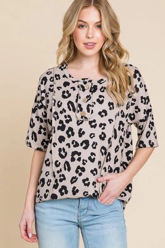 Button Detail Exposed Seam Leopard Half Sleeve Top, image 3