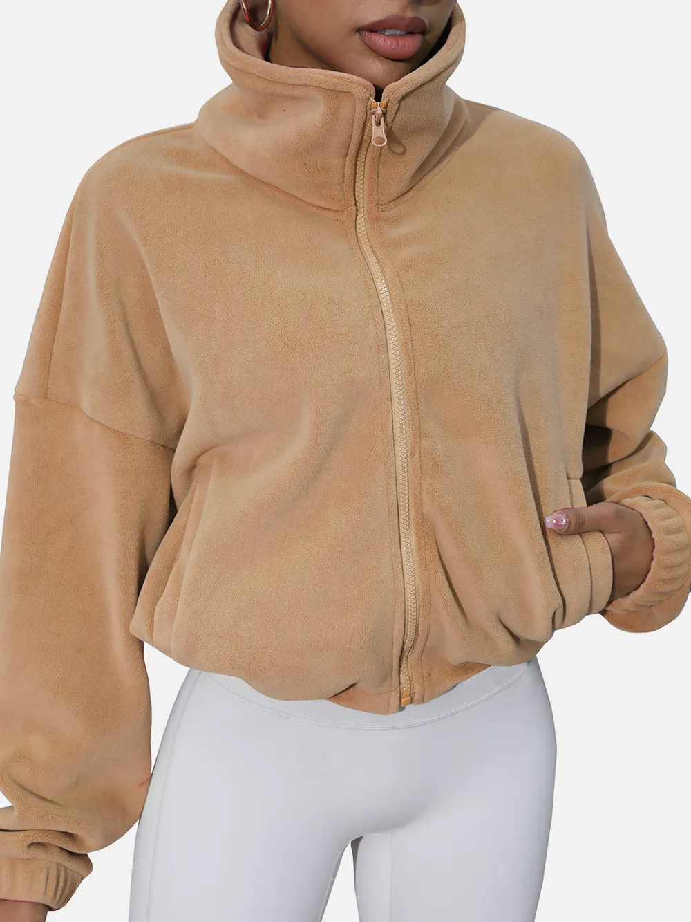 Drawstring Turtleneck Zip Up Long Sleeve Jacket, image 7