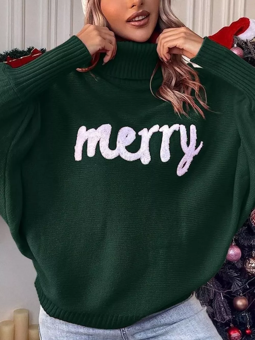 Merry Turtleneck Long Sleeve Christmas Sweater, image 5