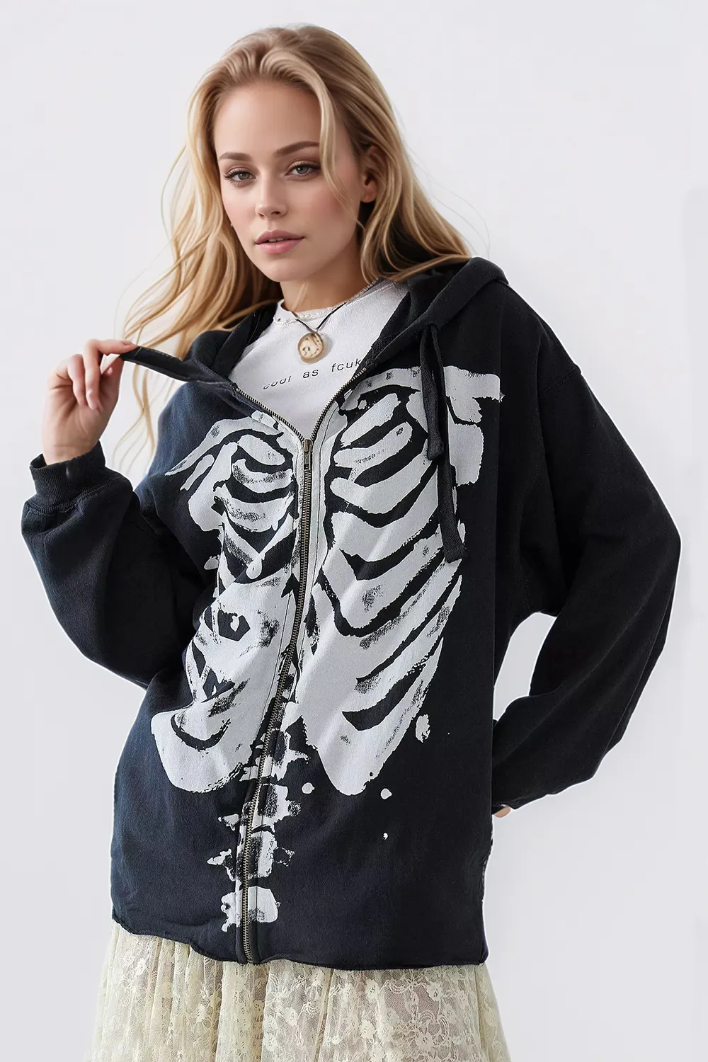 Skeleton Zip Up Drawstring Hoodie, image 4