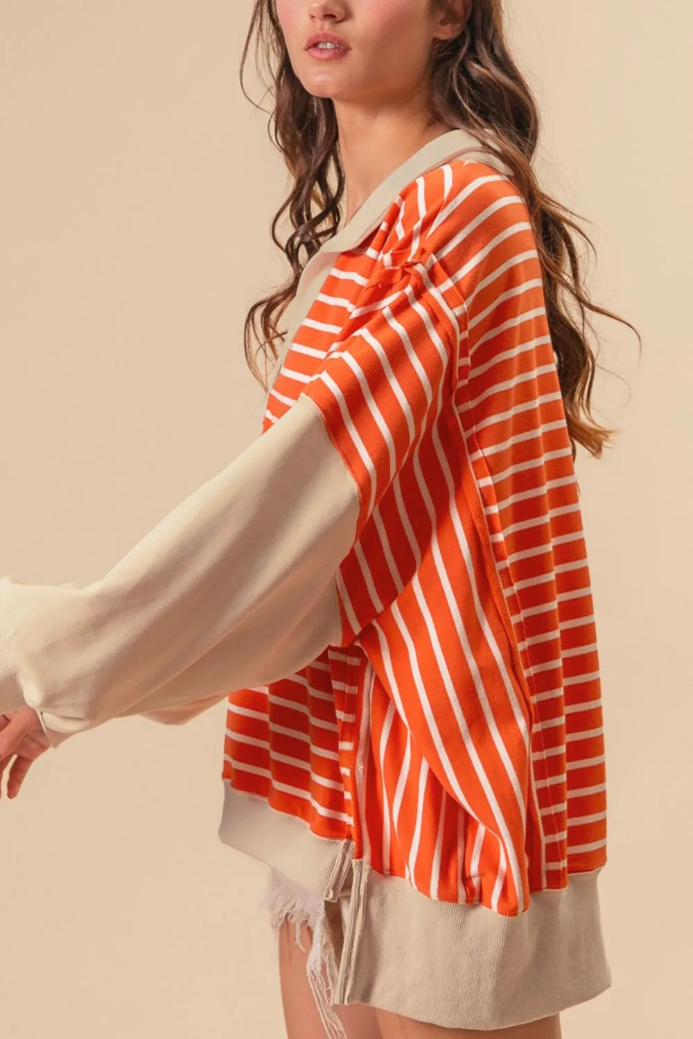 Striped Johnny Collar Long Sleeve Sweatshirt, image 9