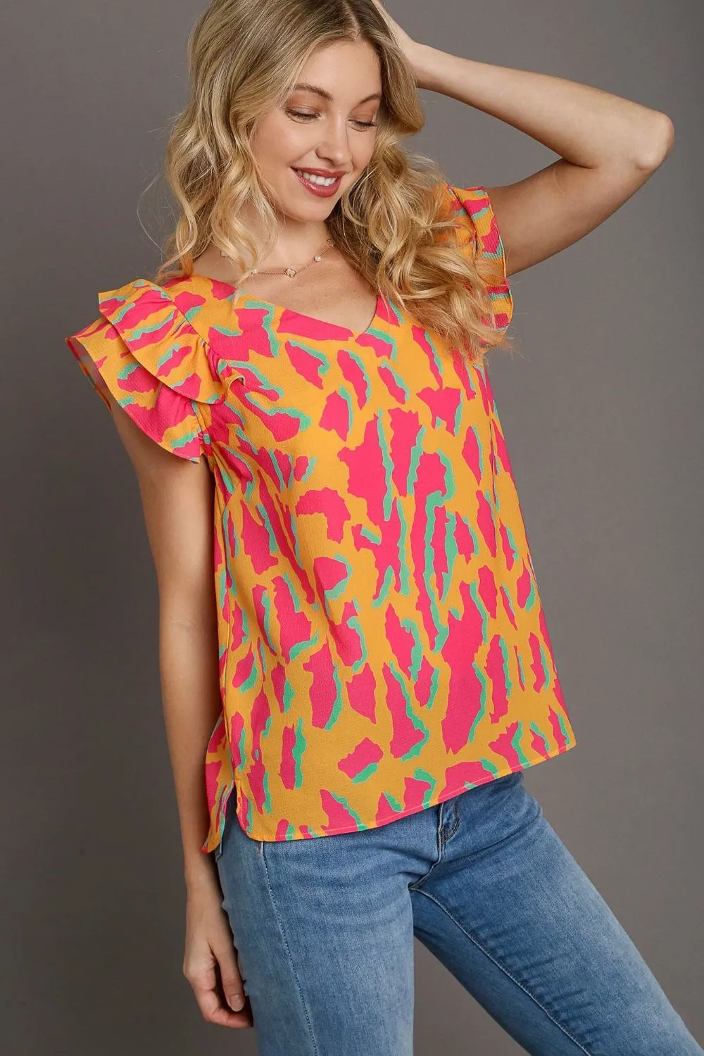Full Size Abstract Print V-Neck Double Layer Ruffle Sleeve Blouse Plus Size