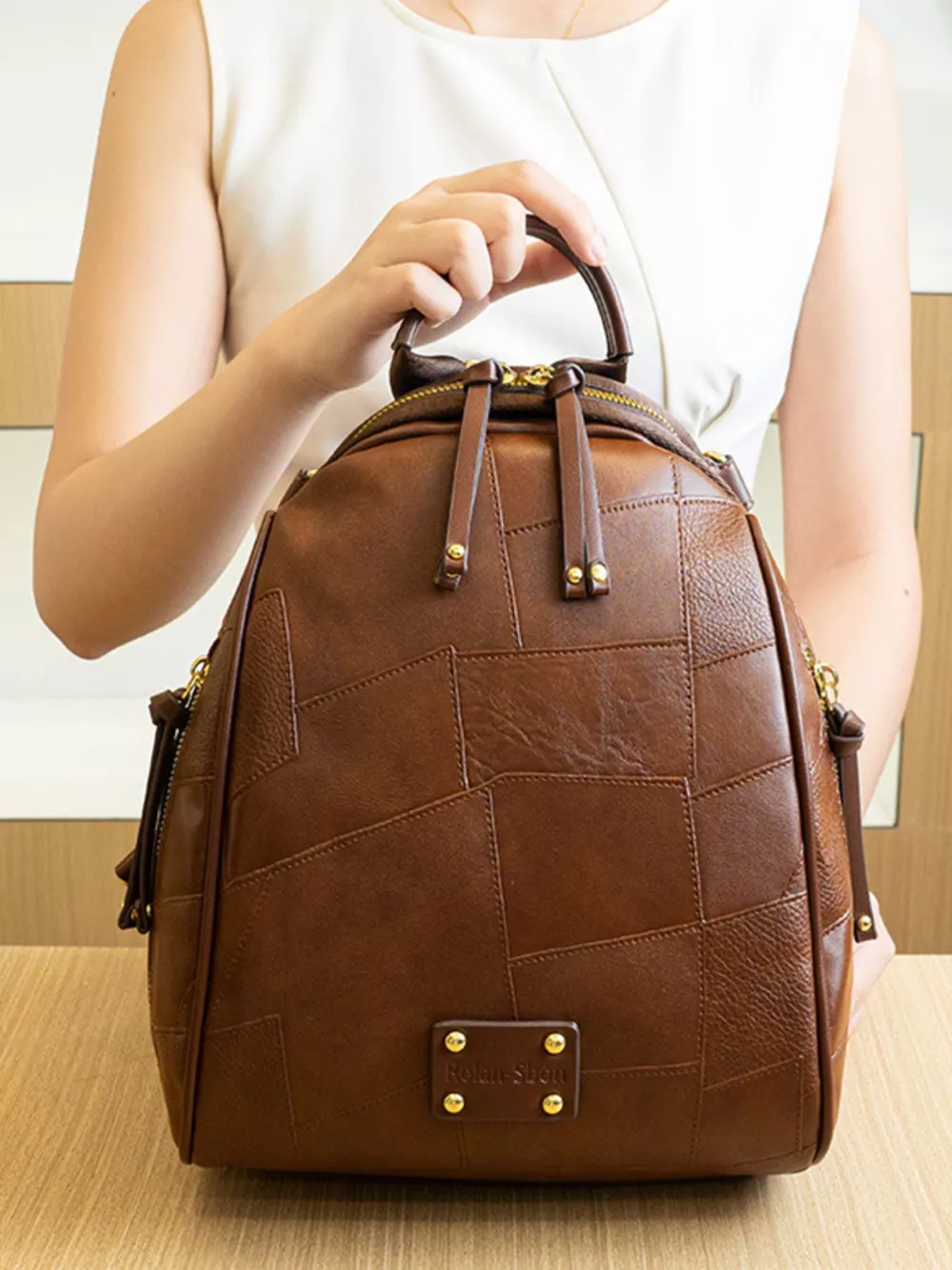 Patchwork Leather Convertible Backpack Bag, image 3