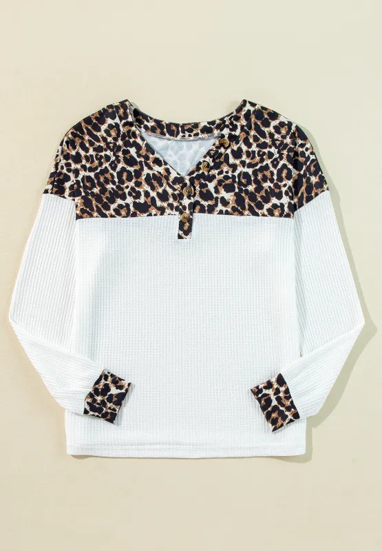 Waffle-Knit Leopard V-Neck Long Sleeve Blouse, image 8