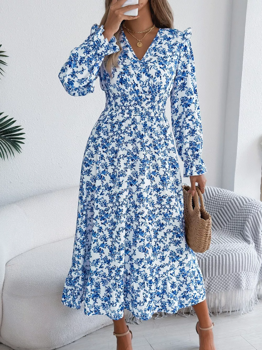 Ruffled Floral V-Neck Flounce Sleeve Dress, image 17