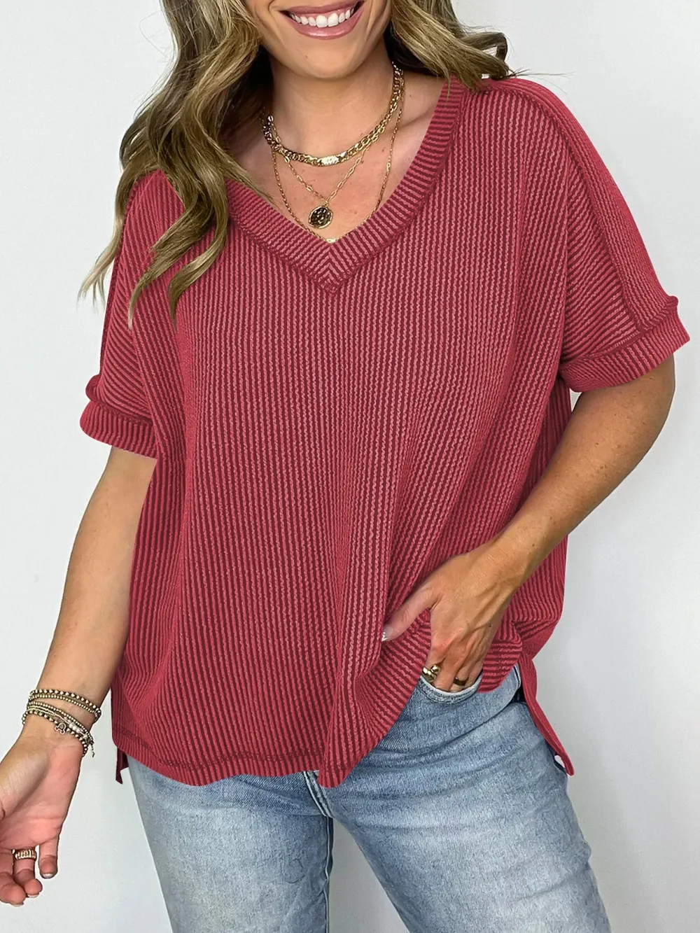 Cord Ribbed V-Neck Short Sleeve T-Shirt, image 21