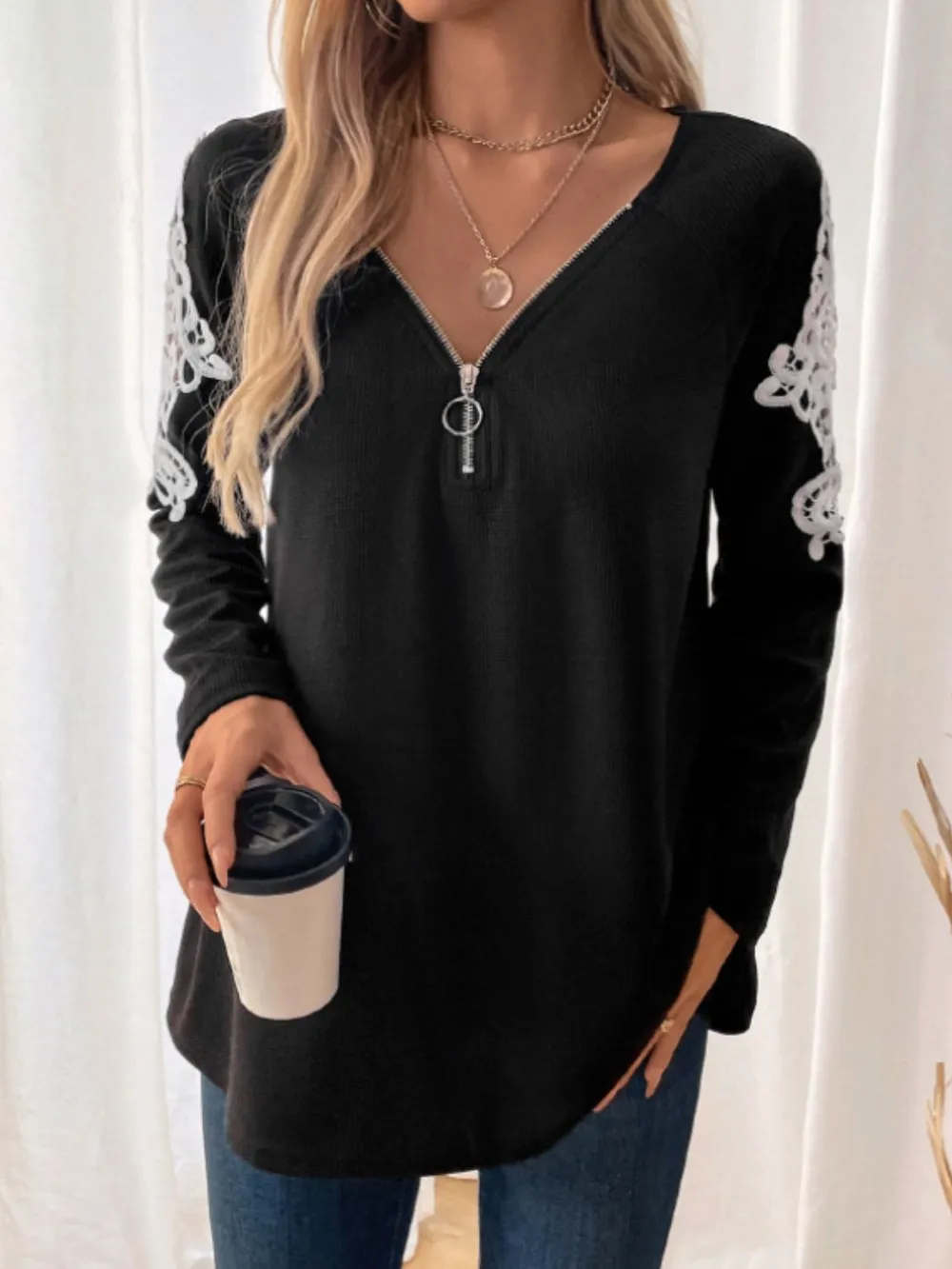 Lace Detail Quarter Zip Long Sleeve Top, image 5