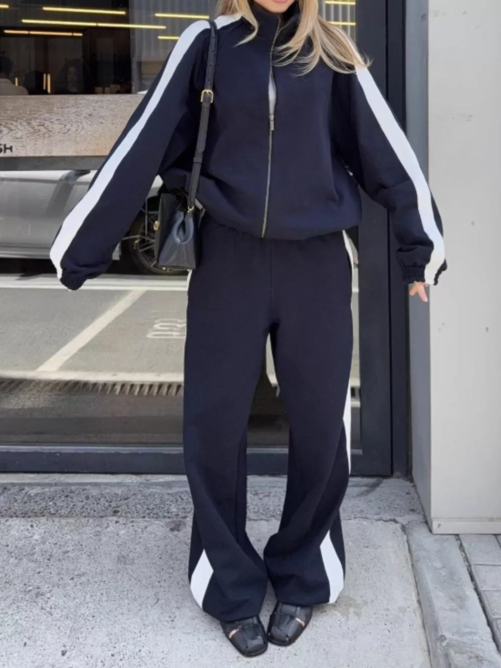 Contrast Side Stripe Zip Up Top and Pants Set, image 7