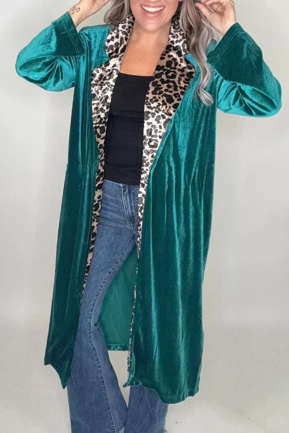 Velvet Contrast Leopard Print Lapel Collar Open Front Cardigan, image 2