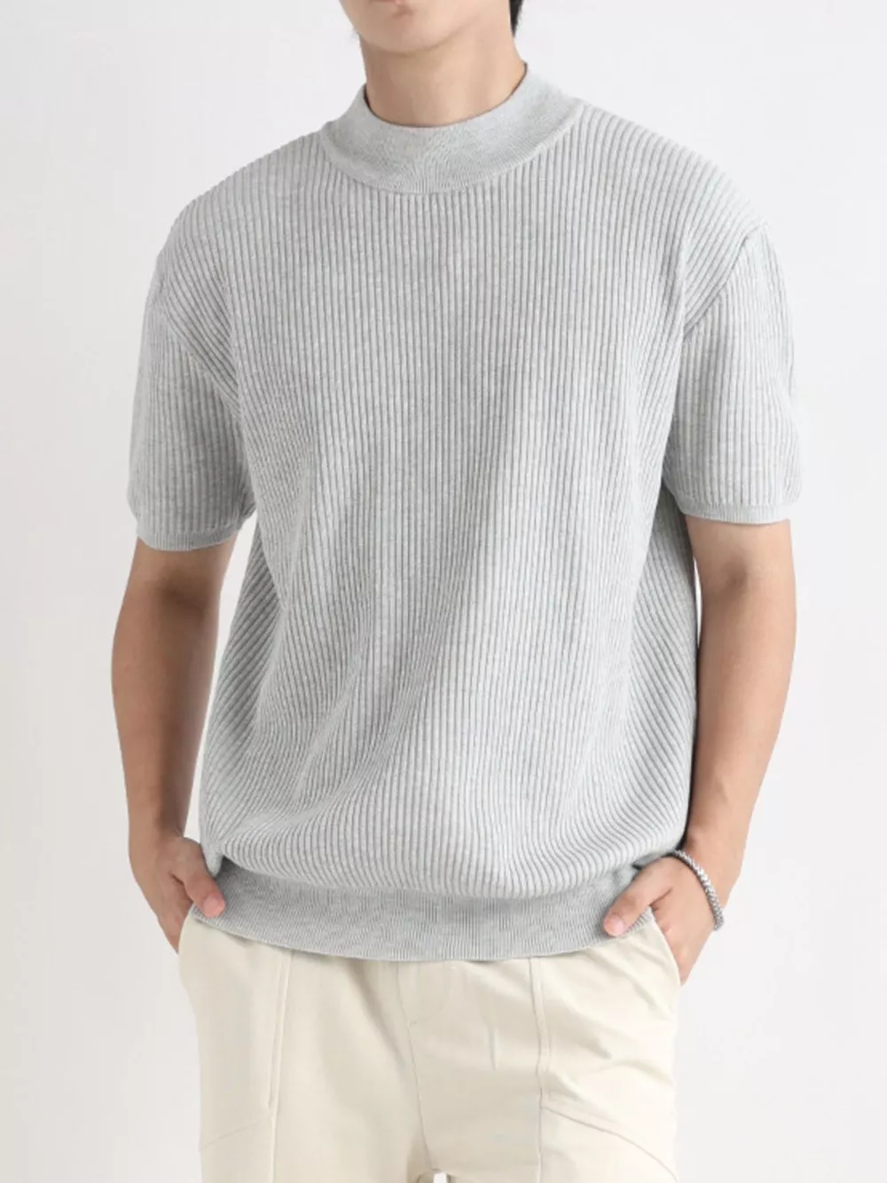 Men's Plus Size Ribbed Knit Mock Neck Short Sleeve T-Shirt, image 8