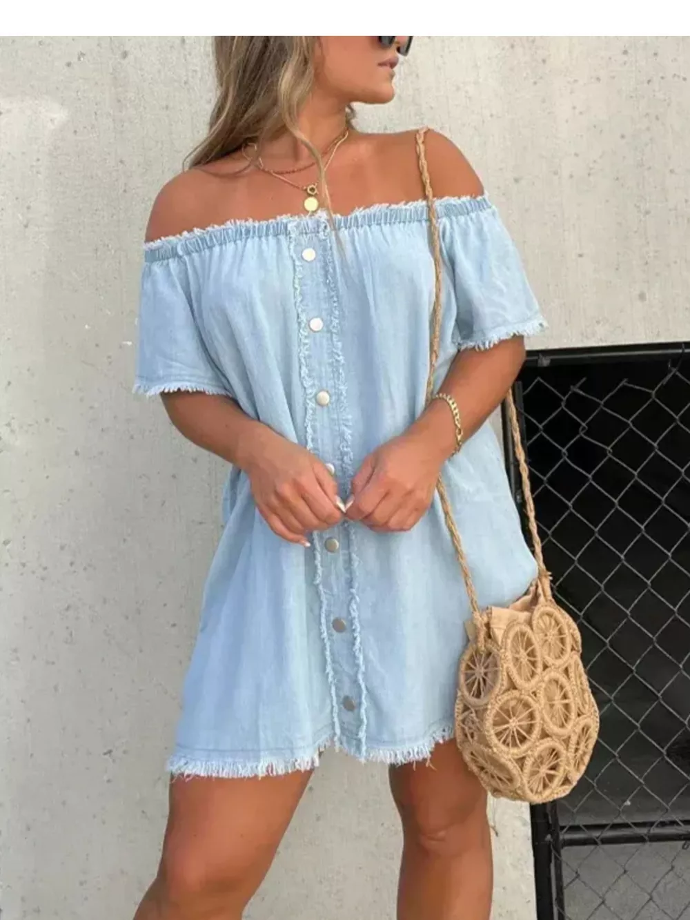 Full Size Off-Shoulder Button-Down Frayed Denim Dress Plus Size, image 2