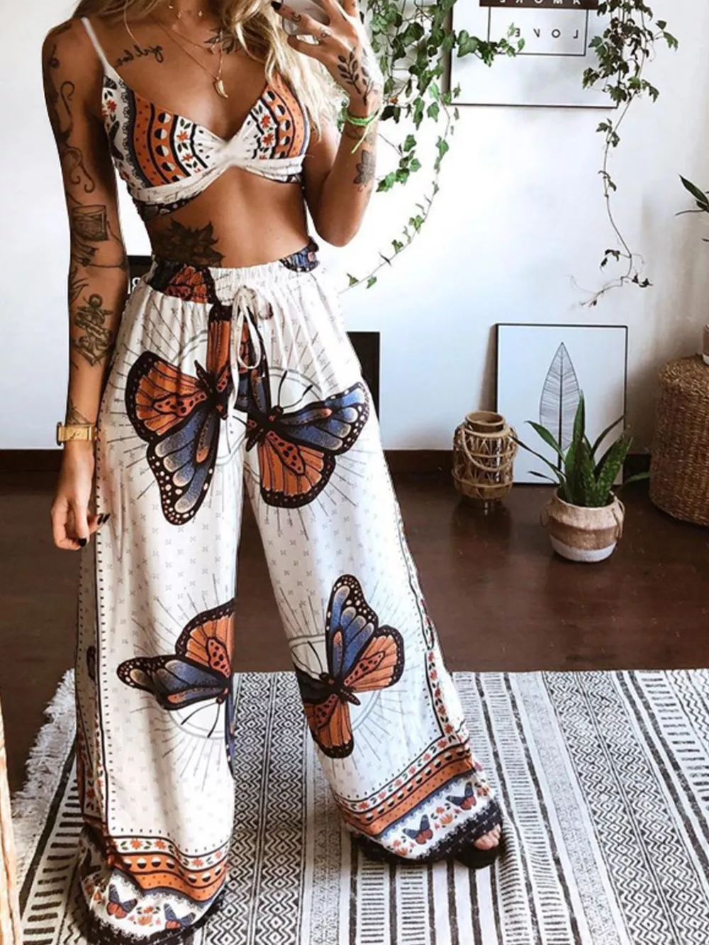 Boho Butterfly Print Top and Pants Set, image 10