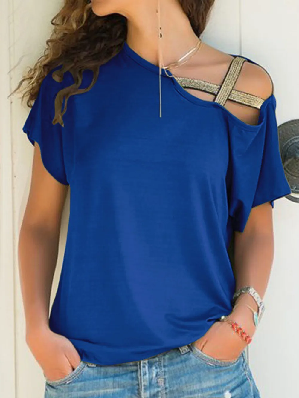 Asymmetrical Neck Short Sleeve T-Shirt, image 23
