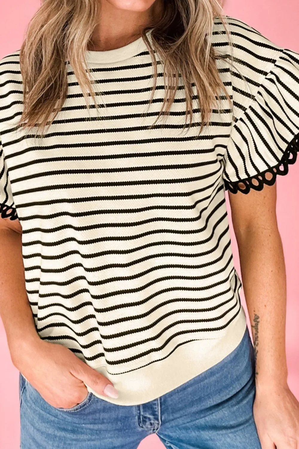 Striped Round Neck Ruffle Sleeve Blouse, image 14