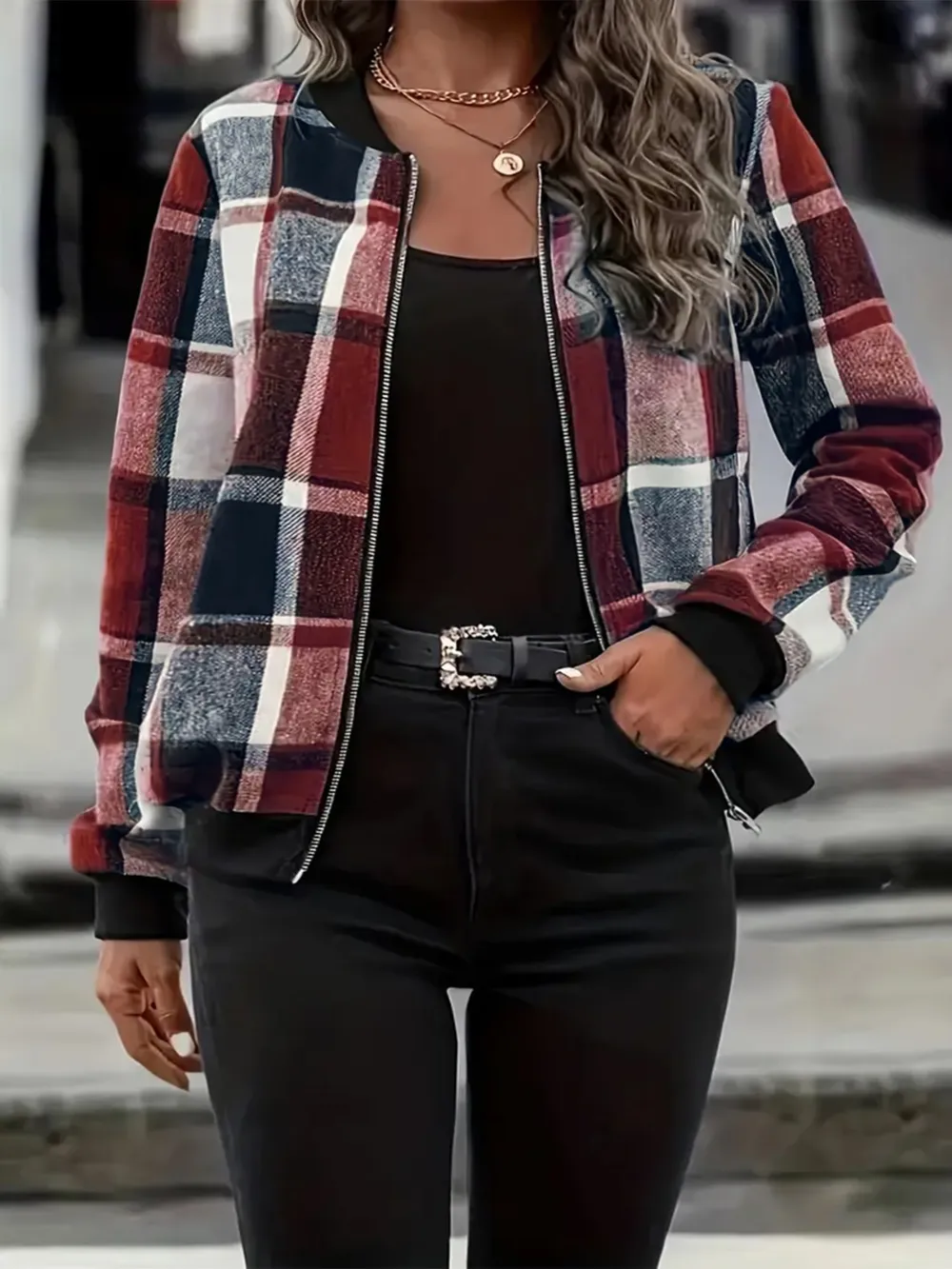 Plus Size Plaid Baseball Collar Zip Up Jacket, image 15