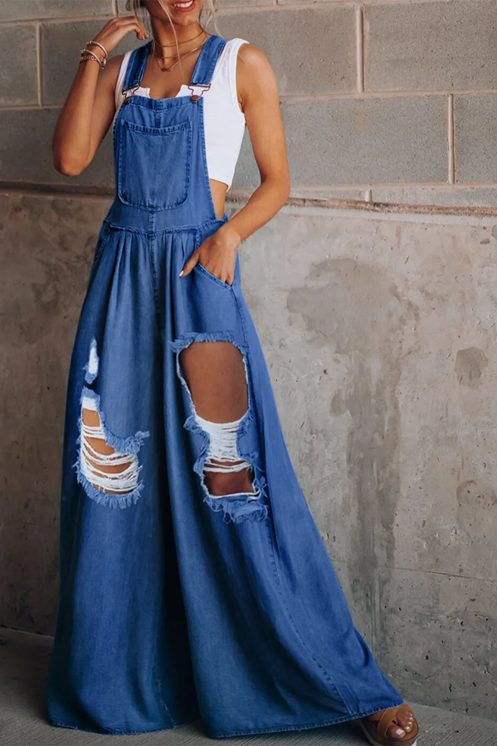 Distressed Wide Leg Denim Overalls, image 5