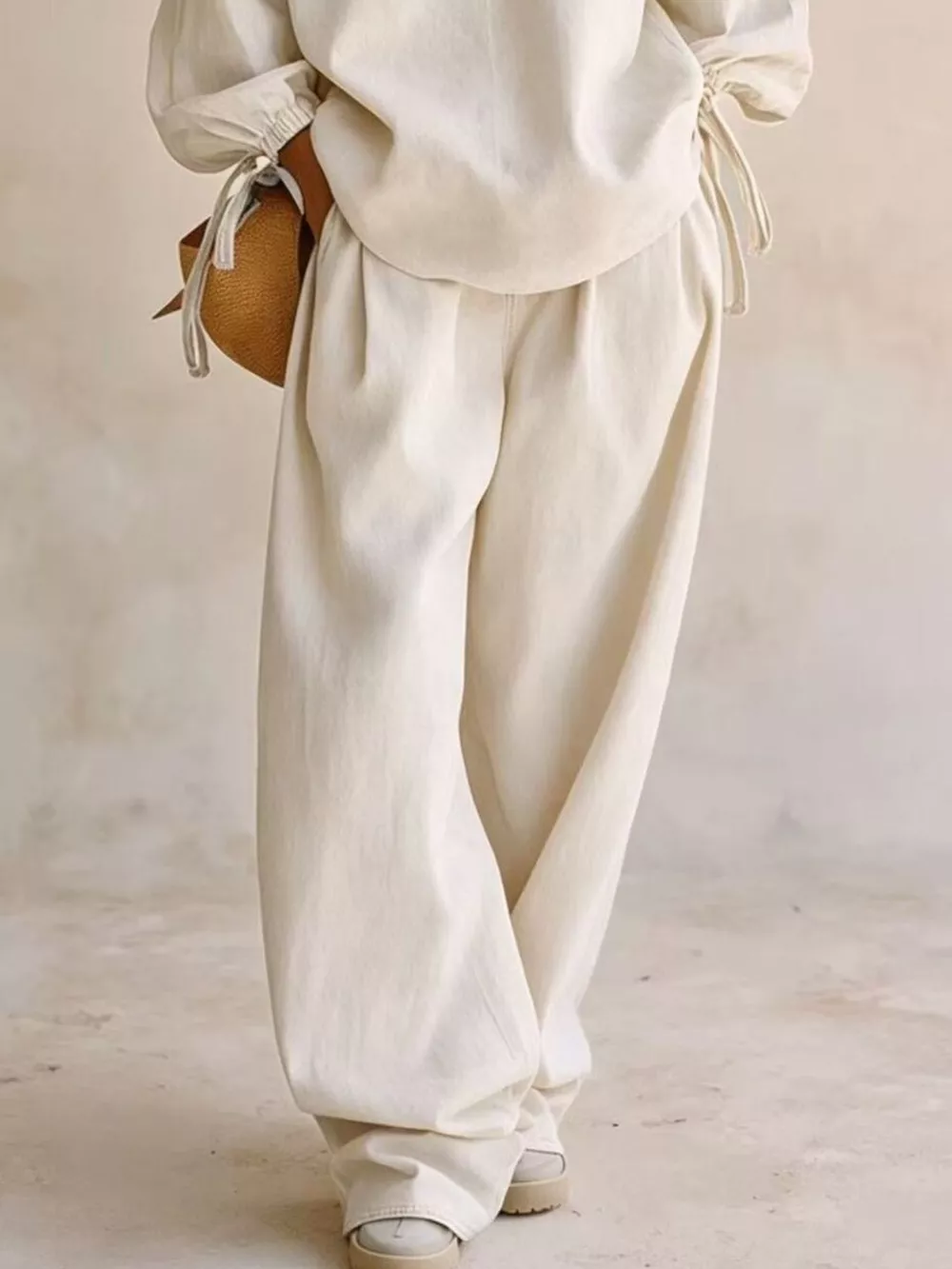 Relaxed Fit Drawstring Sleeve Detail Top and Pants Denim Set, image 6
