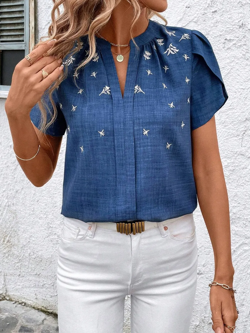 Floral Notched Short Sleeve Blouse, image 23