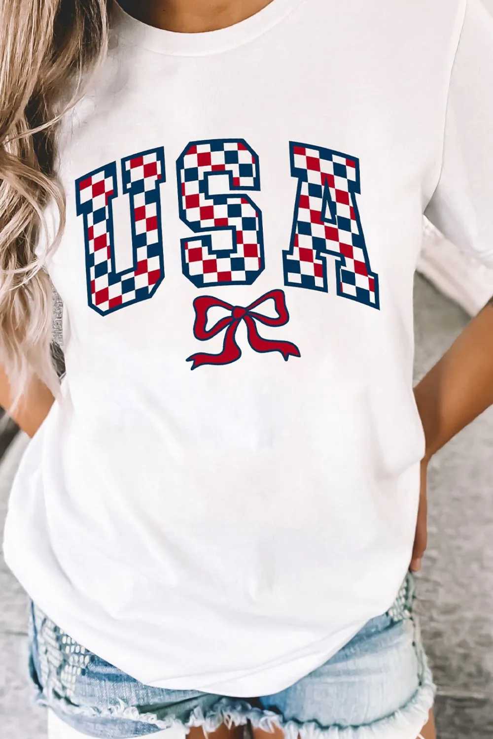 Checkered USA Graphic Round Neck Tee, image 4