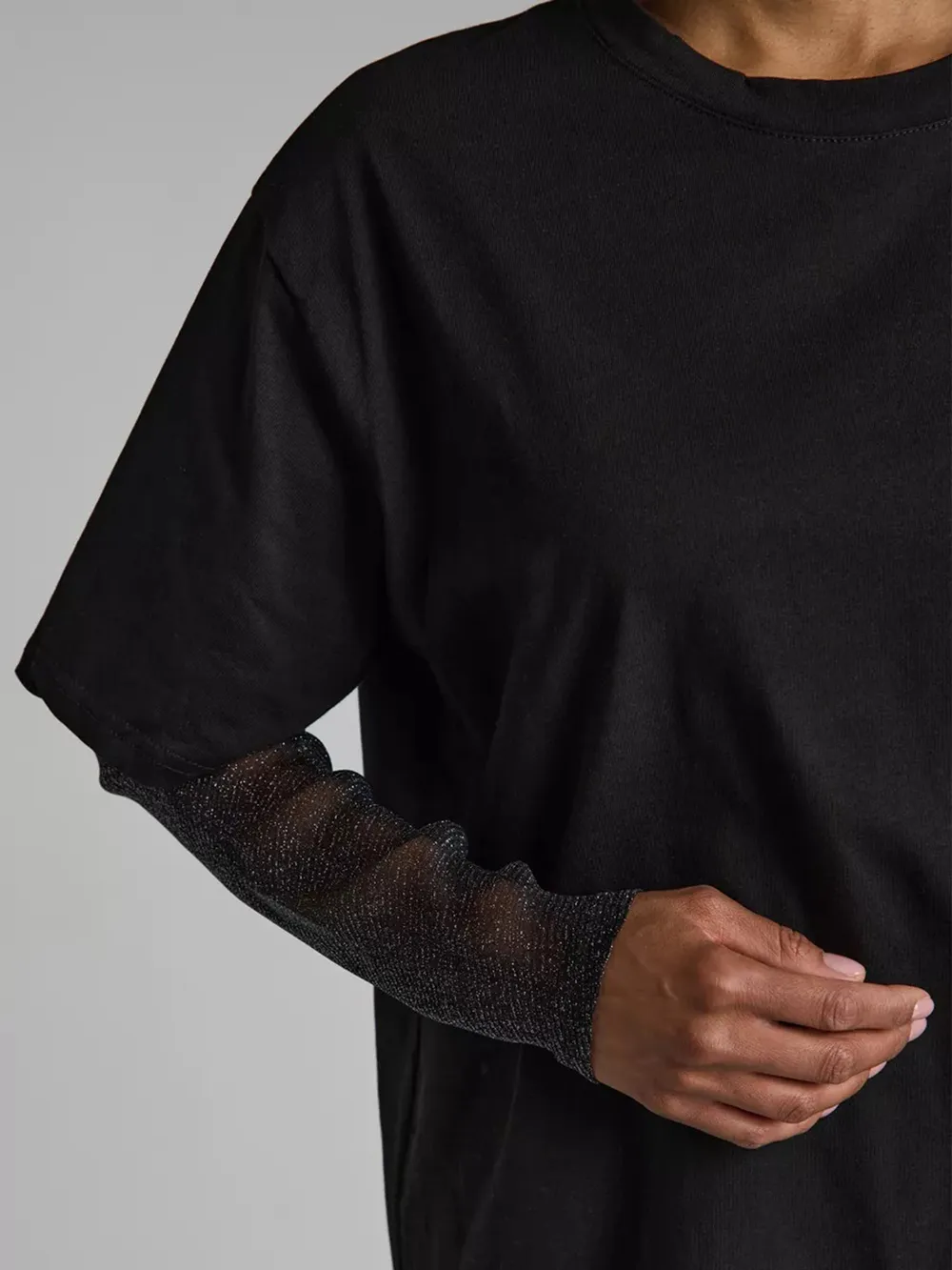 Faux Layered Round Neck Mesh Sleeve Top, image 23