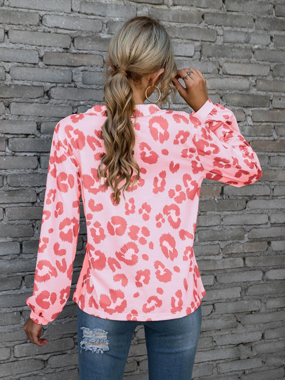Leopard V-Neck Decorative Button Long Sleeve Blouse, image 10