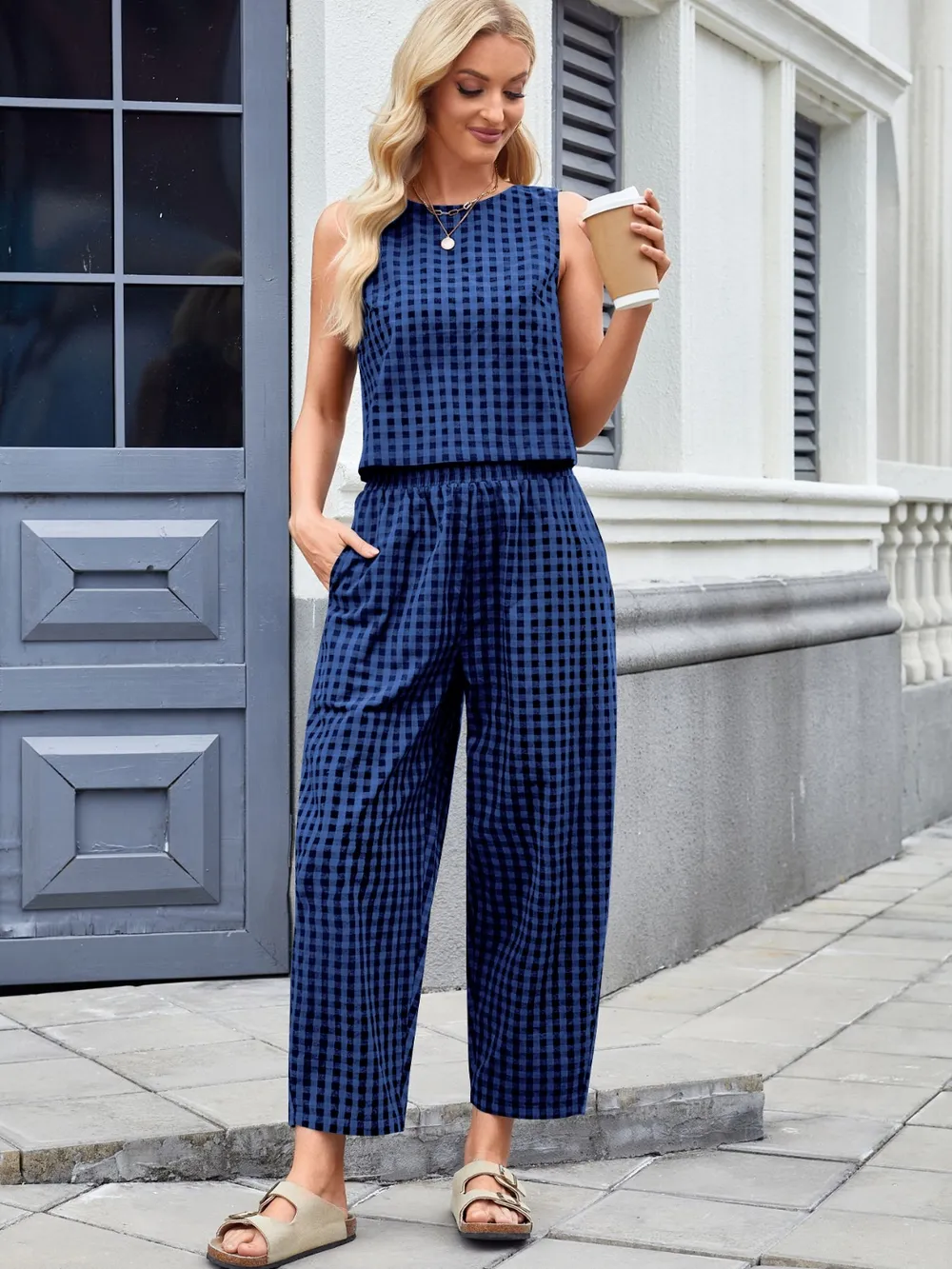 Plaid Sleeveless Top and Pants Set, image 2