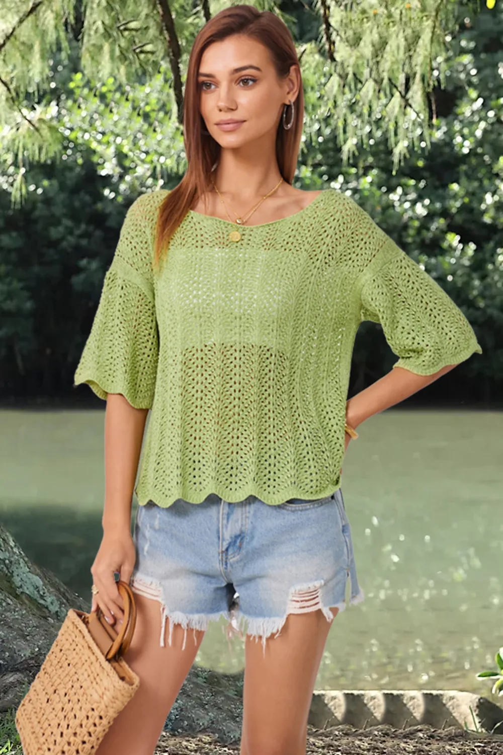 Openwork Round Neck Half Sleeve Knit Top, image 11