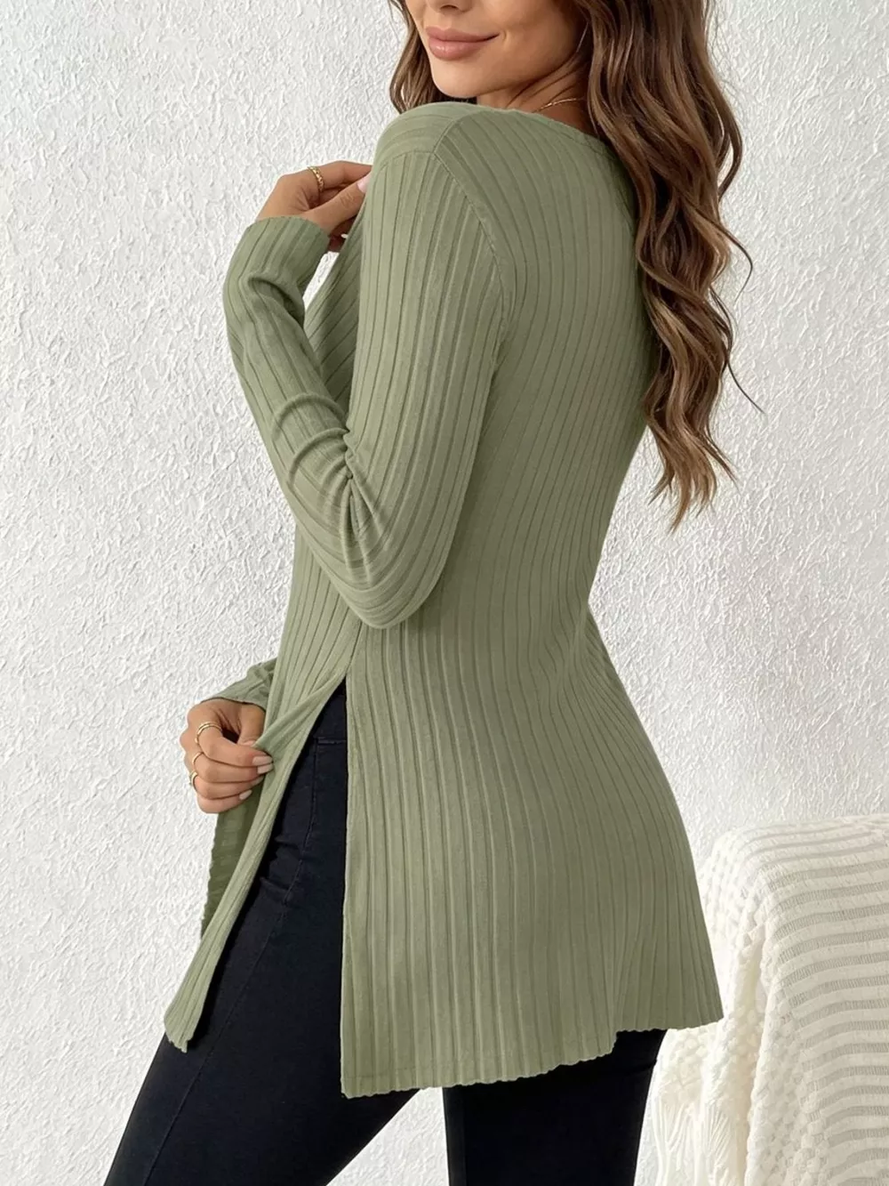 Ribbed Knit Long Sleeve Wrap T-Shirt, image 5