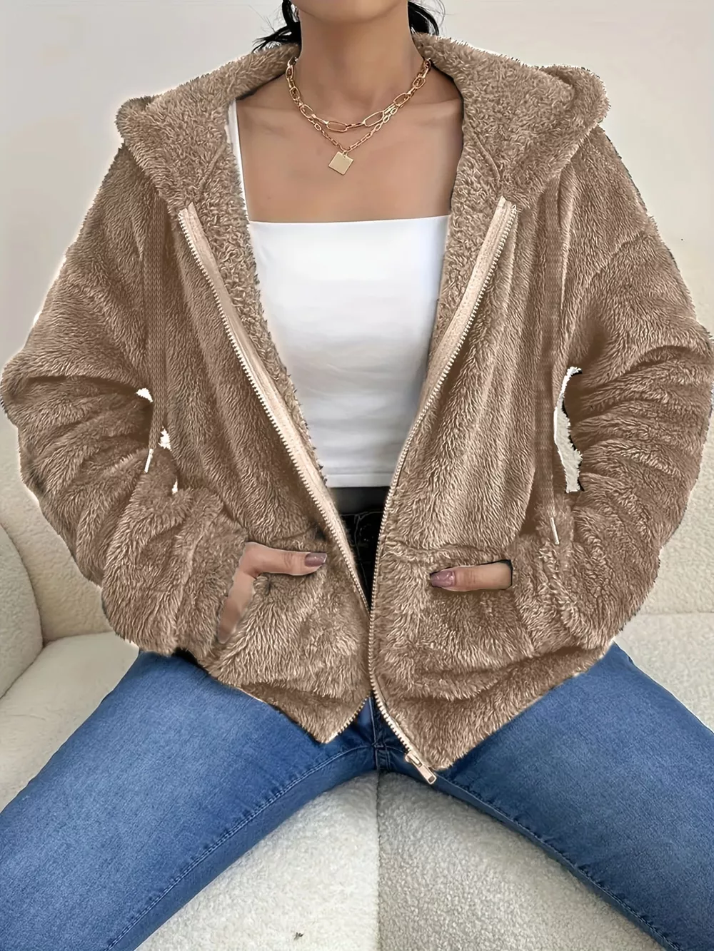 Drawstring Fleece Zip-Up Outerwear, image 7
