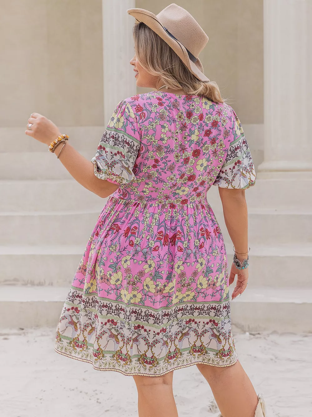Plus Size Floral Print V-Neck Puff Sleeve Summer Dress, image 7