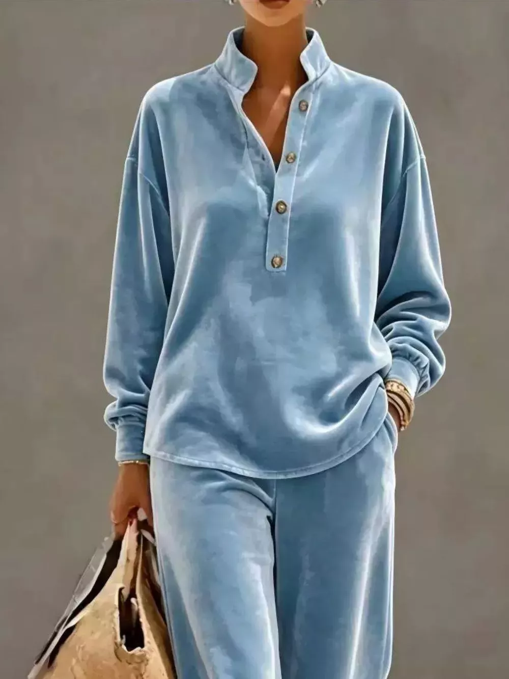 Full Size Half Button Top and Wide Leg Pants Set Plus Size, image 2