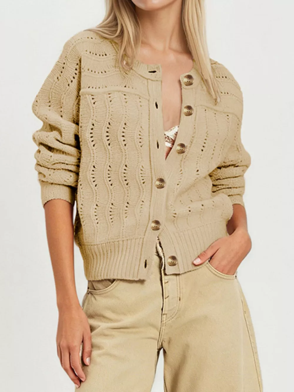 Openwork Button-Down Knit Cardigan, image 4
