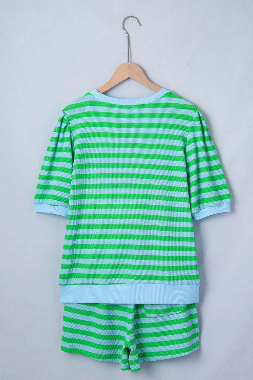 Stripe Colorblock Detail Puff Sleeve Top Drawstring Shorts 2pcs Outfit, image 7