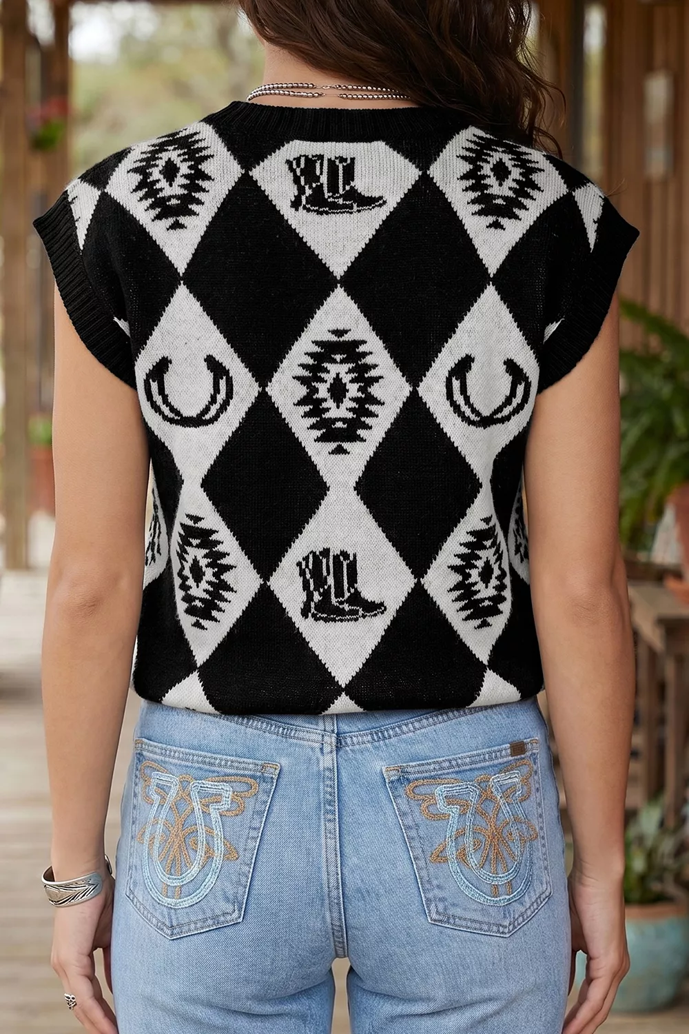 Retro Rhombus Western Print Drop Shoulder Short Sleeve Sweater, image 2