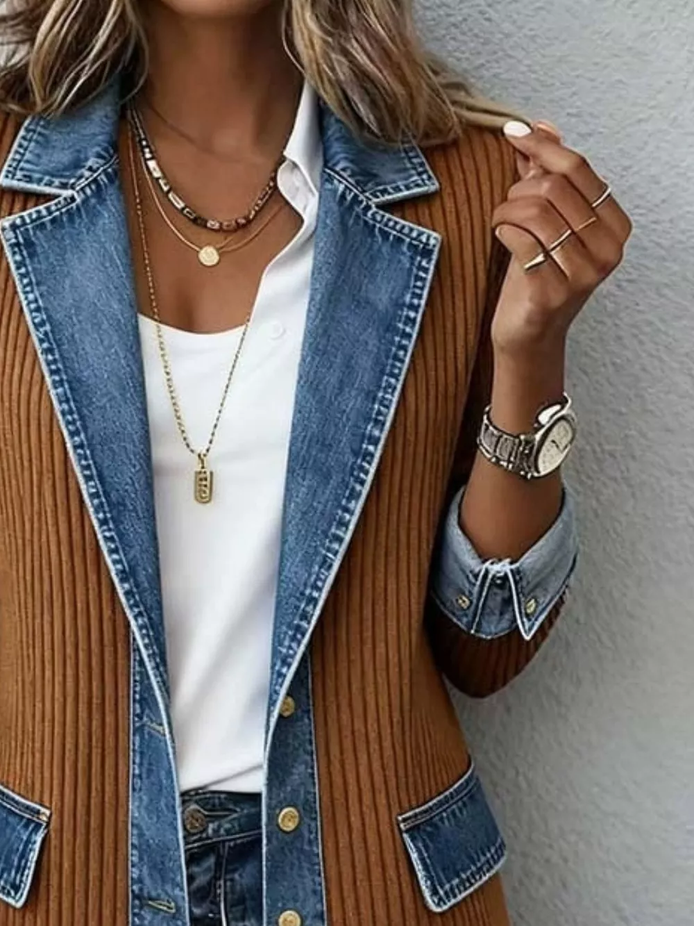 Full Size Denim Trim Ribbed Knit Jacket Plus Size, image 4