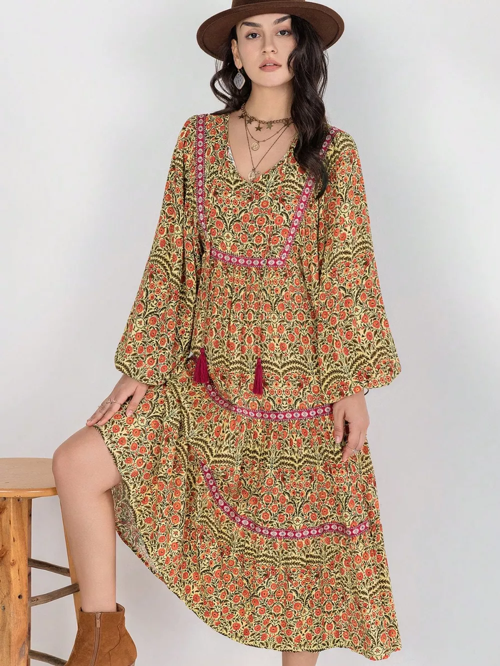 Floral Tiered Midi Dress with Balloon Sleeves, image 6