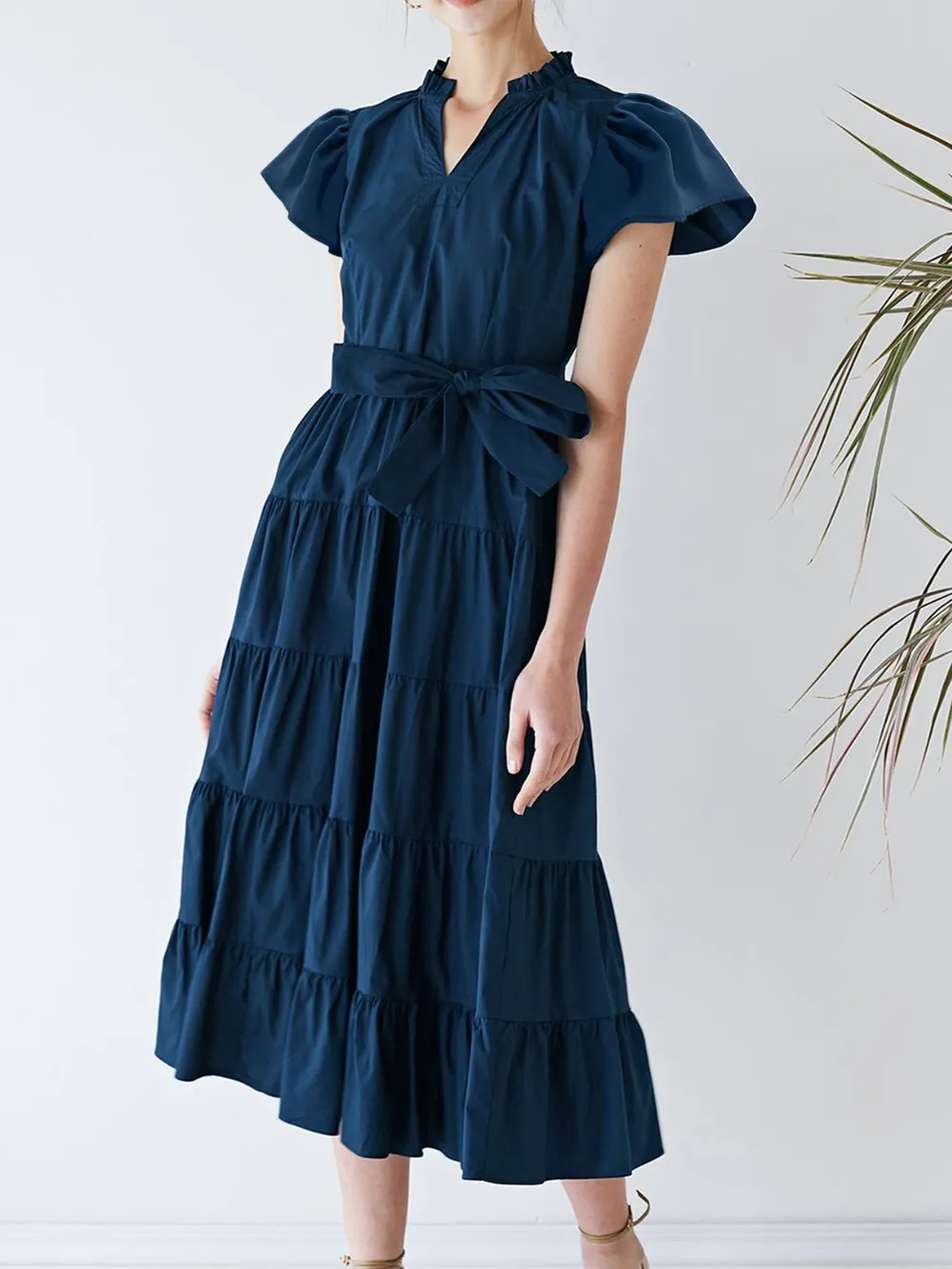 Ruched Tiered Notched Short Sleeve Dress, image 4