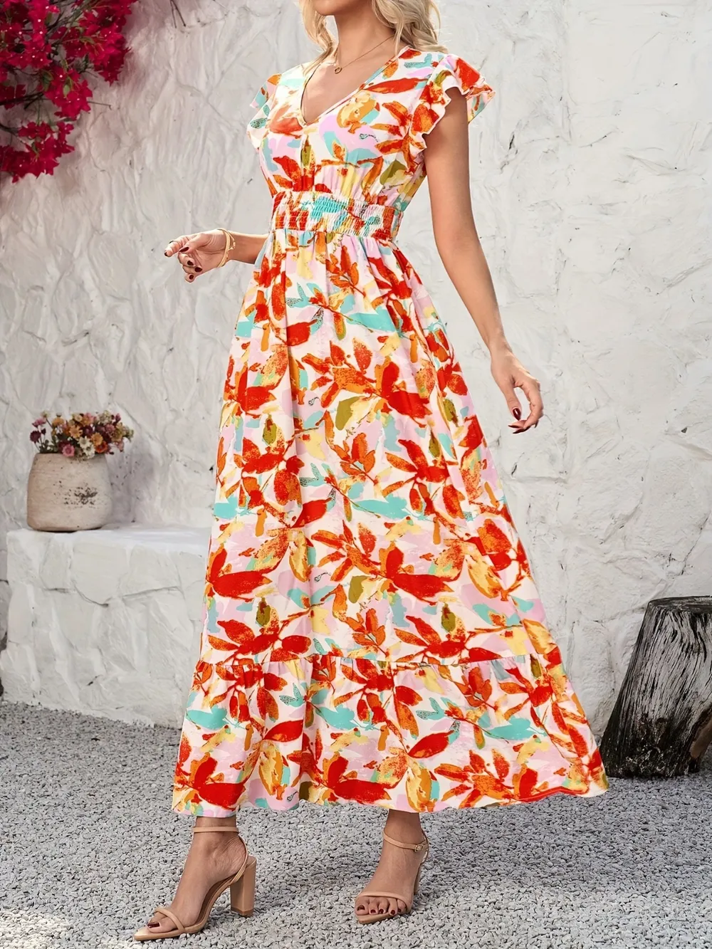 Ruffled V-Neck Cap Sleeve Dress, image 4