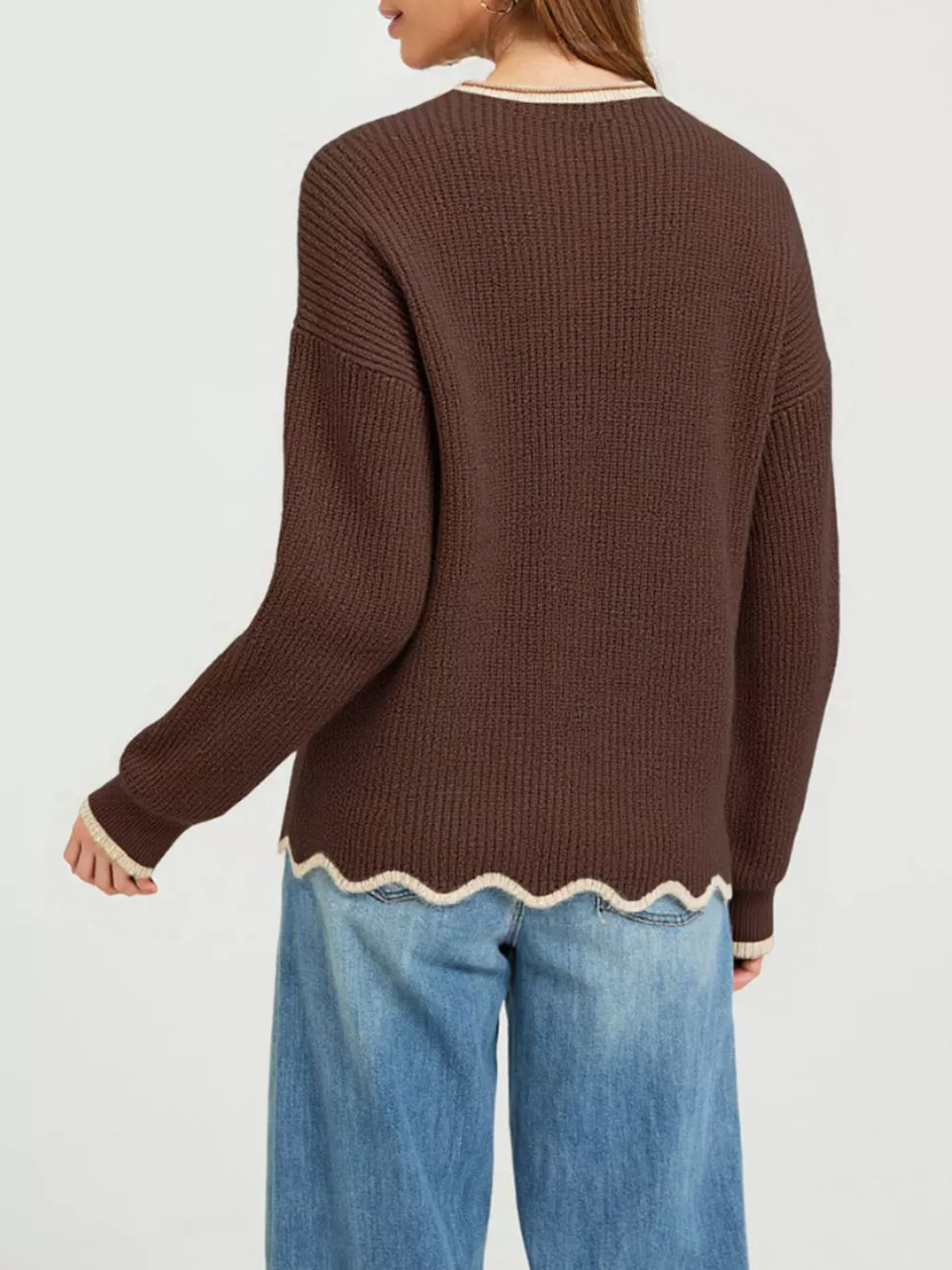 Contrast Trim Scalloped Hem Ribbed Knit Sweater, image 3