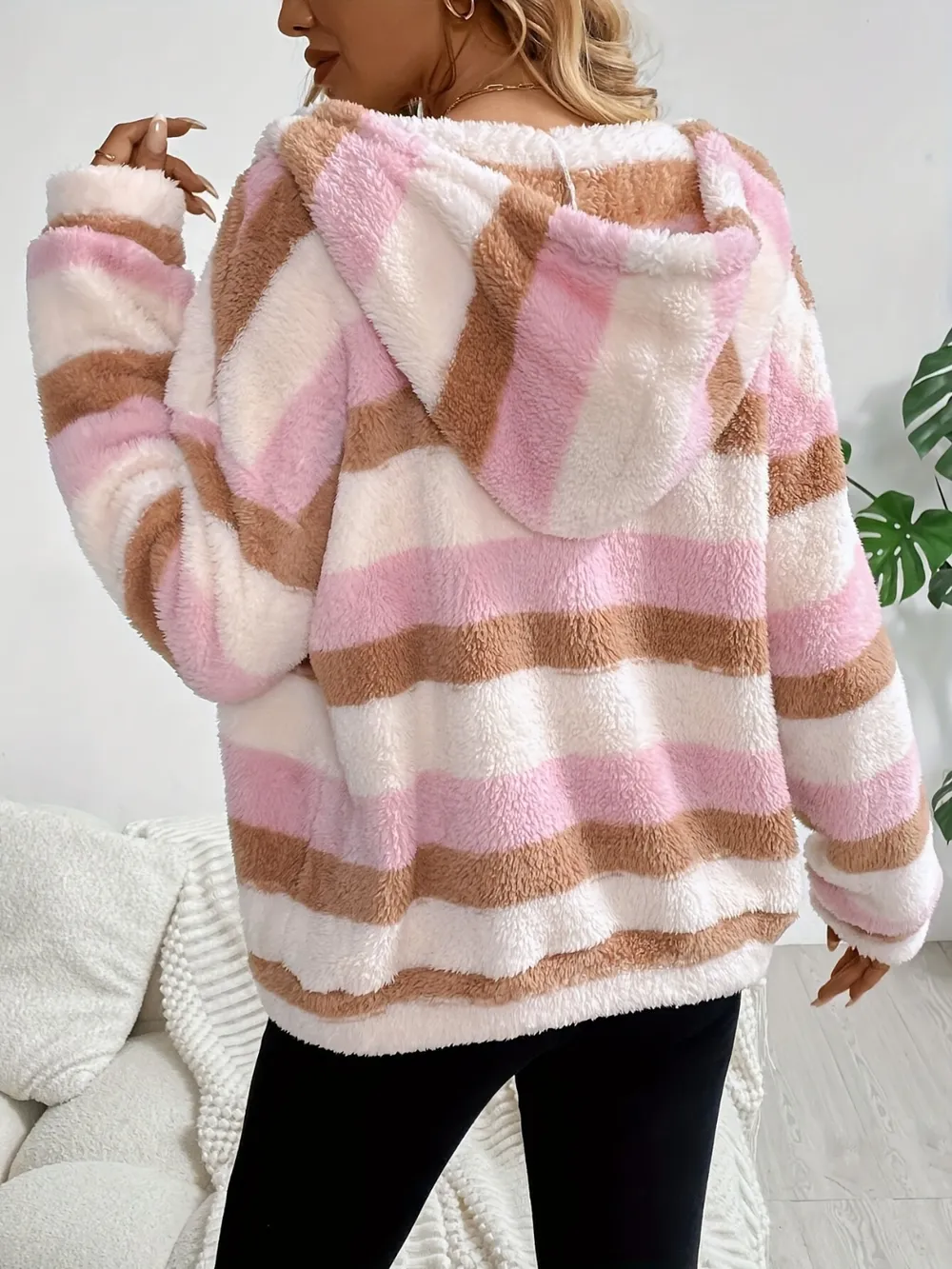 Drawstring Striped Zip Up Hooded Jacket, image 2