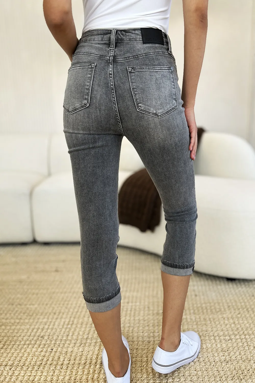 Full Size Button Fly High Waist Cuffed Capris, image 17