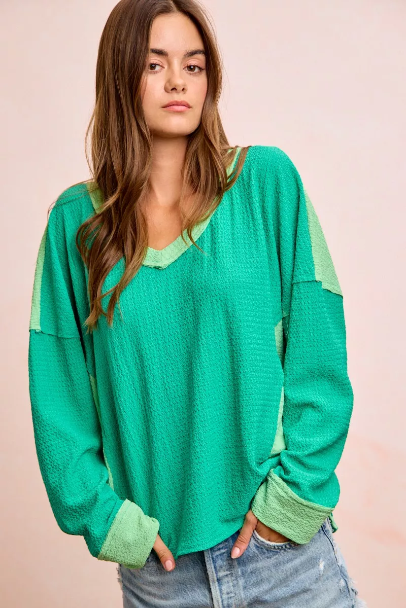 Textured Jersey Color Block Top With Cut Edge, image 4