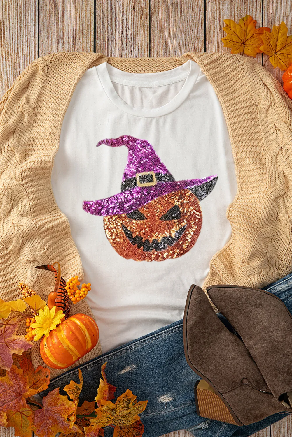 Sequin Pumpkin Round Neck Short Sleeve T-Shirt, image 2