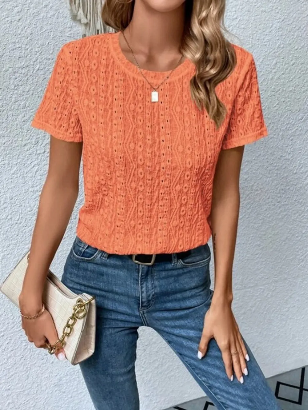 Eyelet Round Neck Short Sleeve T-Shirt, image 13