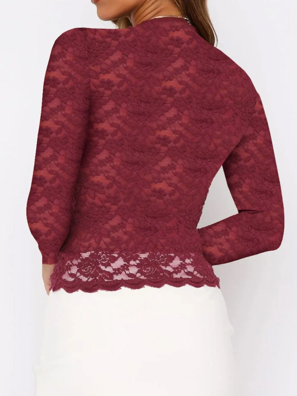 Floral Lace Long Sleeve Deep V-Neck Blouse with Scalloped Hem, image 9