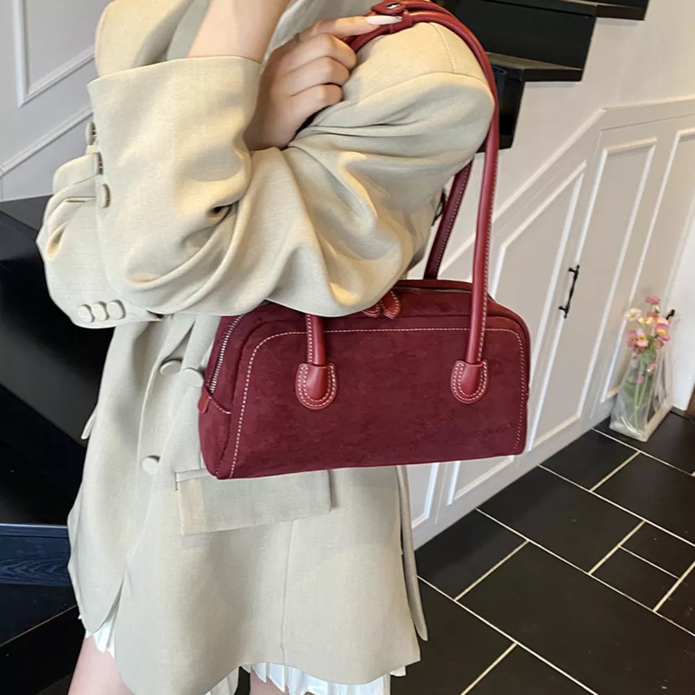 Velvet Shoulder Bag with Leather Strap, image 9