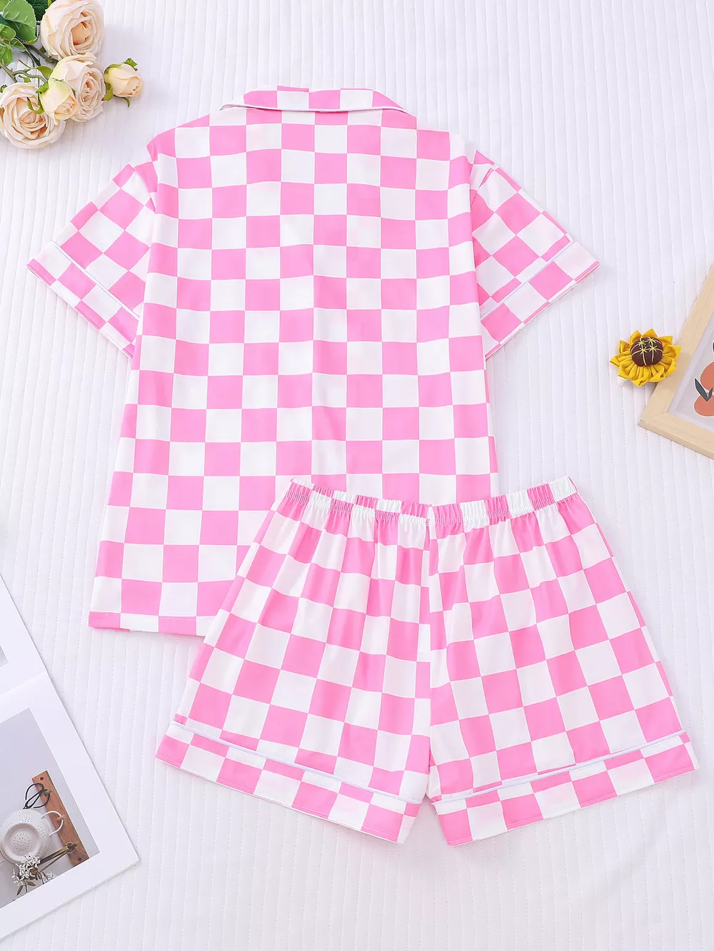 Checkered Print Button Up Top and Shorts Lounge Set, image 7