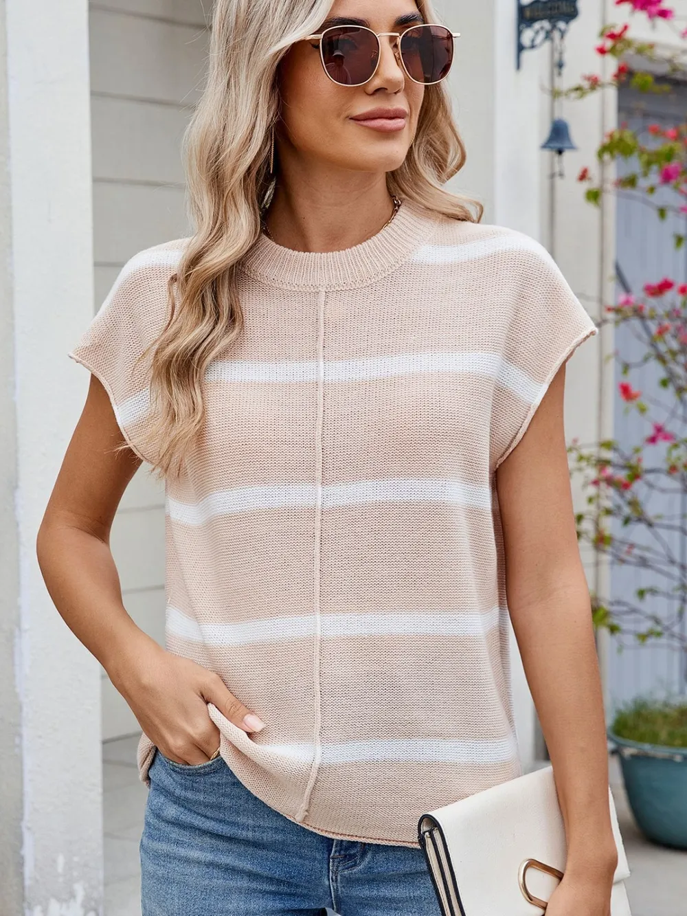 Exposed Seam Striped Round Neck Knit Top, image 15