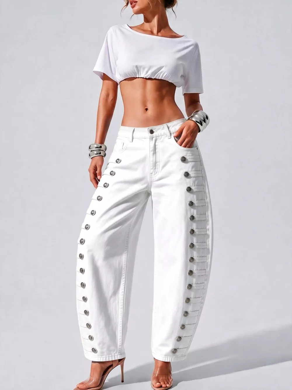 Decorative Button Wide Leg Jeans, image 15