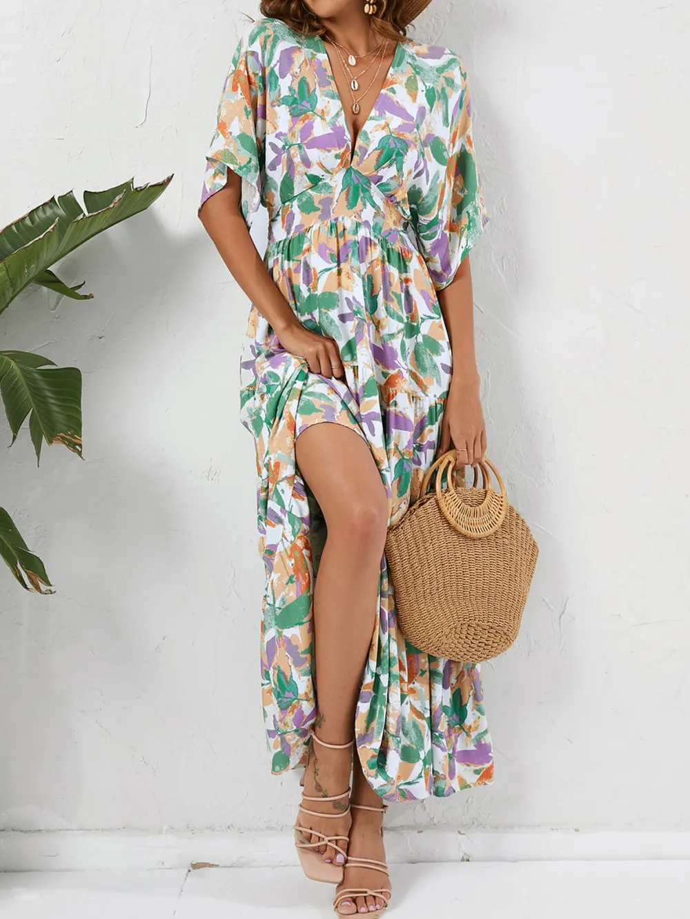Floral Print V-neck Boho Midi Dress, image 6